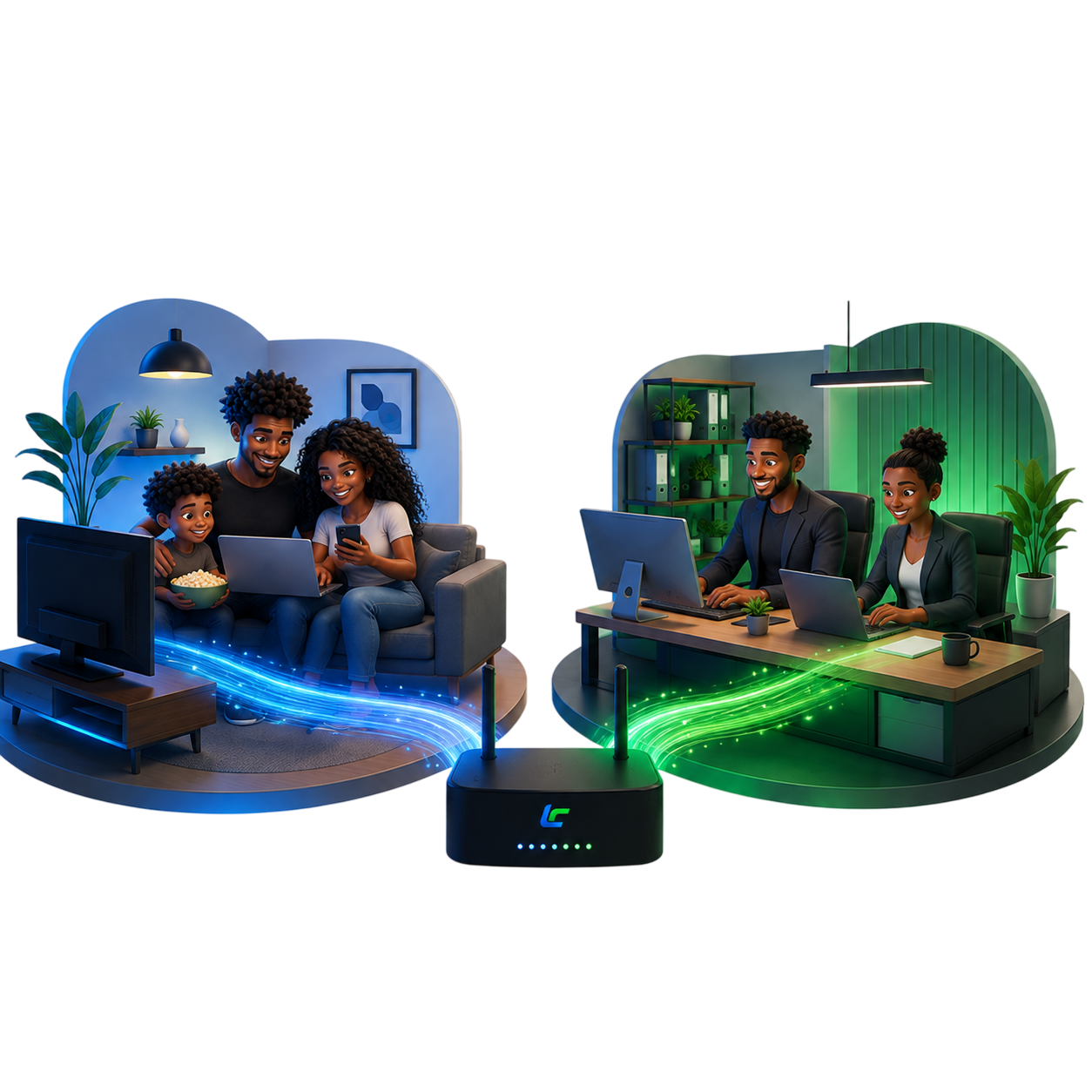 A mesma fibra da Link Connect conectando a sala de casa e o escritório